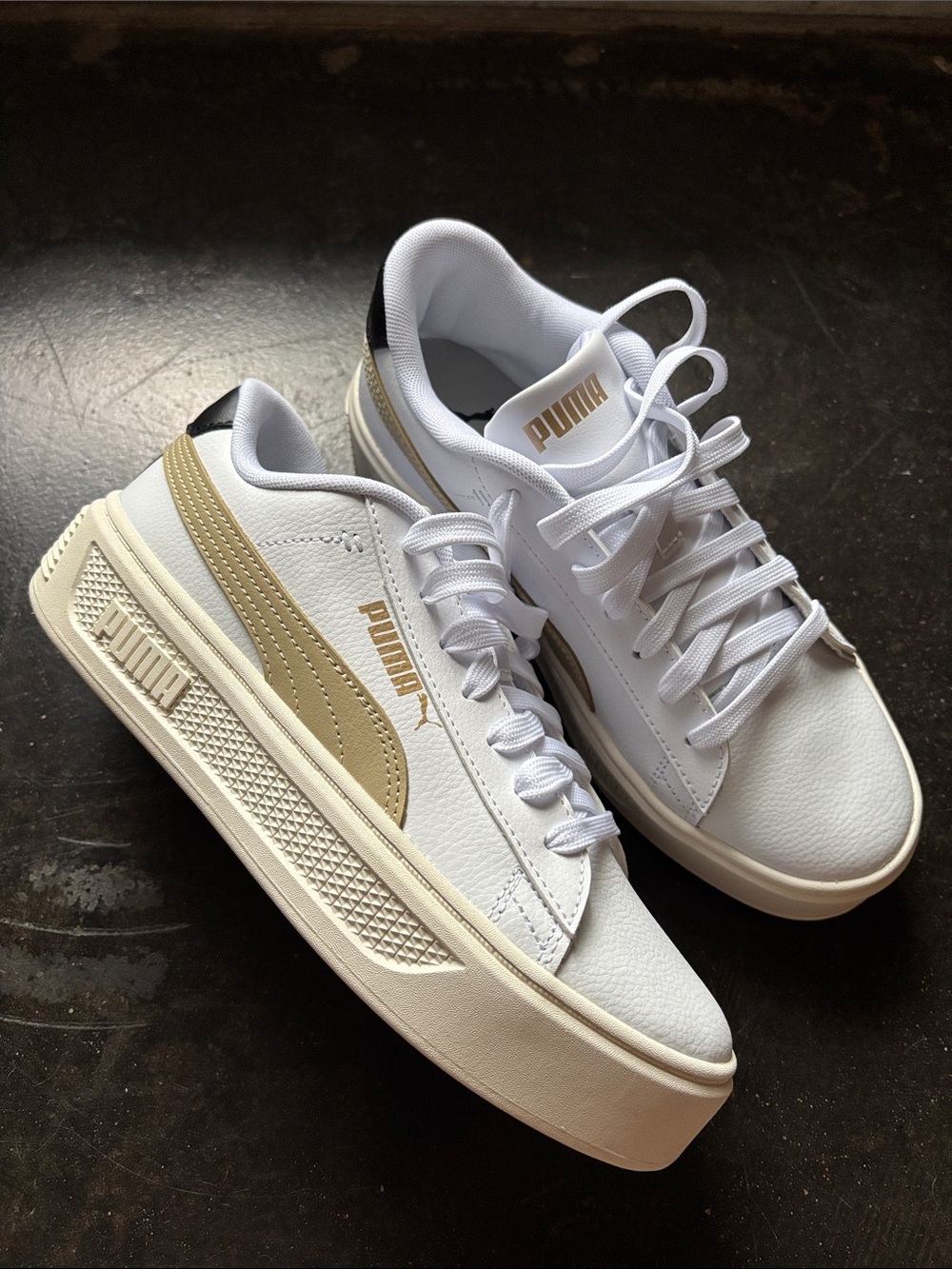 Puma White Sneakers with Gold Formstrip and Black Heel Tab